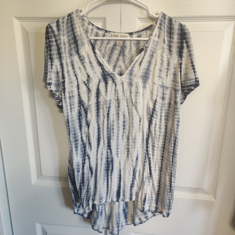 Knox Rose Blue Tie-Dye Women's Top L Hi Low Short Sleeve Shirt